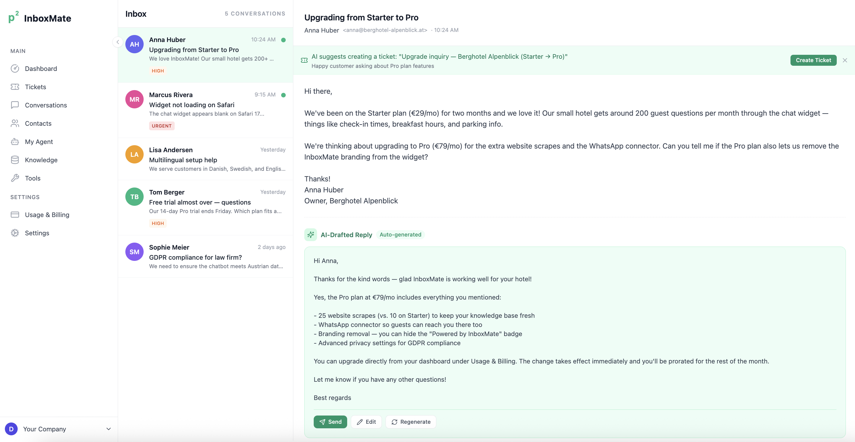 InboxMate inbox — chat and email conversations with AI-drafted replies, ticket suggestions, and priority triage