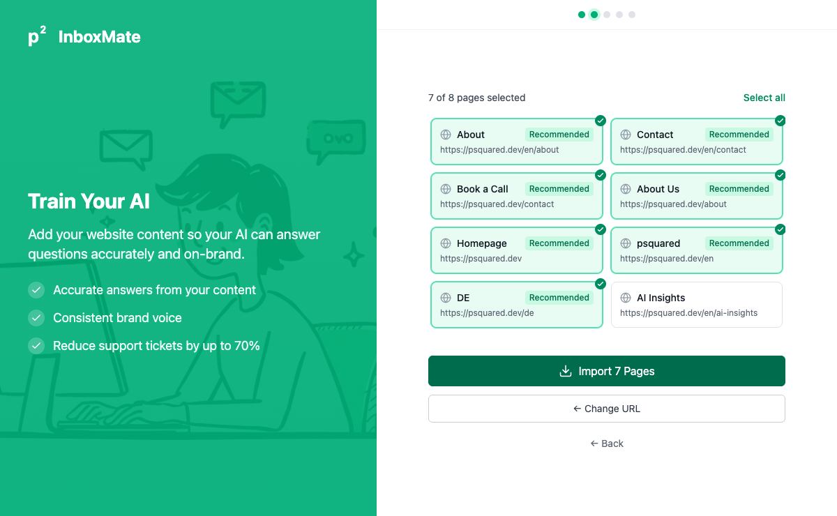 InboxMate scanning a website and showing 7 pages ready to import with Recommended badges