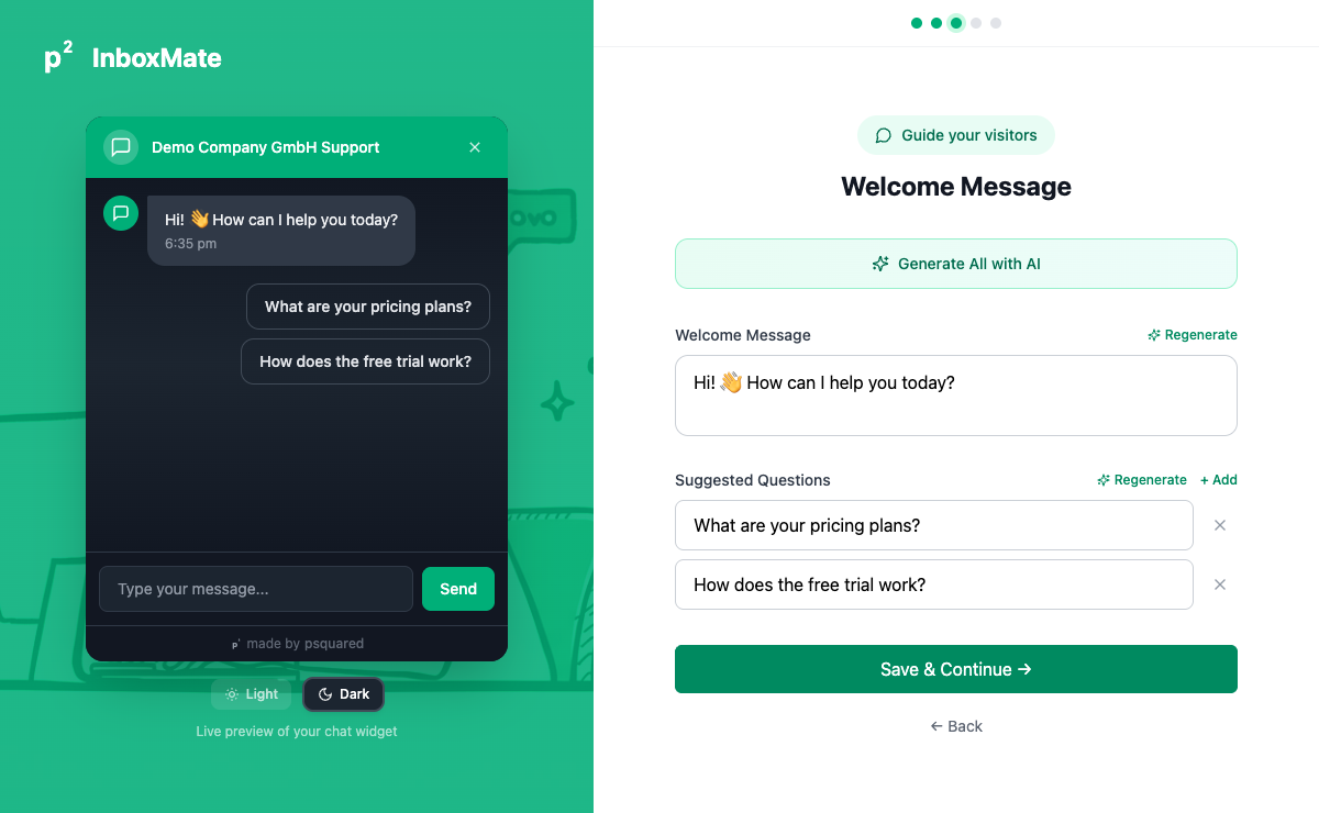 InboxMate onboarding — editing welcome message with live chat widget preview
